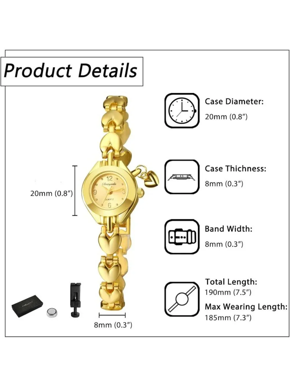 Women's Gold Analog Quartz Stainless Steel Heart Pandant Bracelet Wrist Watch